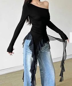 Long Sleeve One Shoulder Plain Asymmetrical Ruffl