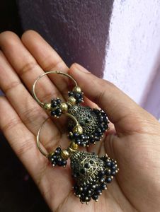 Black Beaded Gold Jhumka