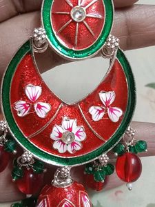 Branded Red And Green Ethnic Jhumkas