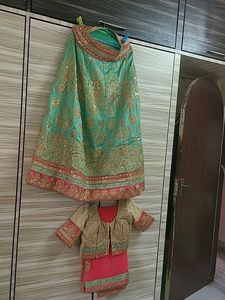 EMBELLISHED SILK LEHENGA IN PINK GREEN AND GOLDEN