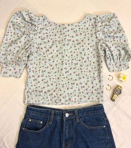 Round Neck Puff Sleeve Crop Top