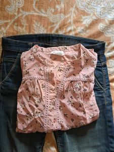 Pink Floral Top + Guess Premium Blue Jeans Combo
