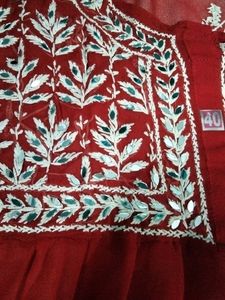 Red Chikan Kari Kurti With Mirror Work