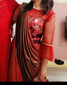 Red &amp; Gold Metallic  Ready To Wear Saree