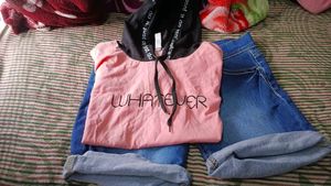 Cute Pink Top &amp; Denim Shorts Set