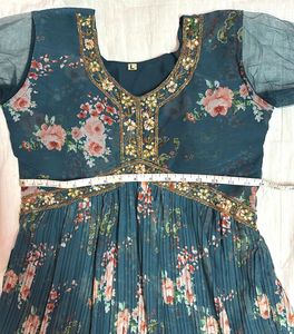 Sea Blue Floral Print Ethnic Gown