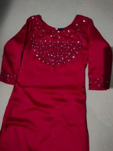 Rose Colour Straight Kurti With Stone Work