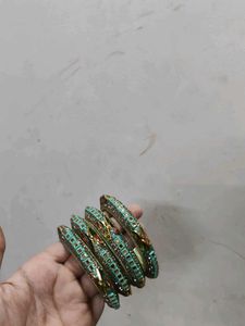 Peacock Teal & Gold Beaded Bangles - Set of 4