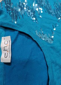 Blue Sequin Embellished Knit Top