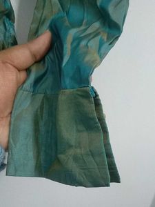 Teal Embroidered Long Sleeve crinkle Shirt