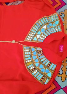 Red Mirror Work Fish Cut Long Gown