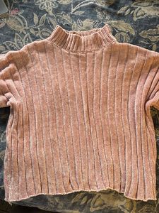 Pink Knitted Mock Neck Woolen Pullover Top