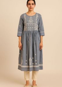Blue Embroidered Cotton Kurti