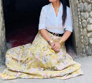 Cotton Flower Skirt With White Shirt