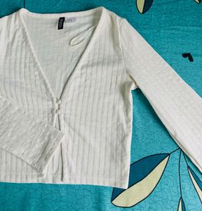 White Ribbed Crop Cardigan