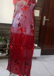Red Floral slip night dress with satin rob