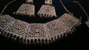 Pink N Golden Necklace Set  With Mangtika
