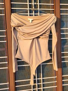 H&amp;M greige long sleeve draped bodysuit/Size-S