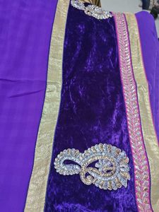 Purple Velvet Saree With Golden Net