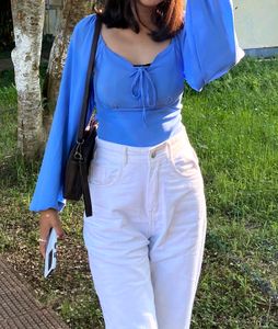 Blue Padded Puff Sleeve Top
