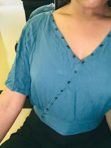 Blue Wrap Top with Beaded Detail