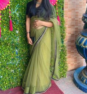 Olive Green Net Saree