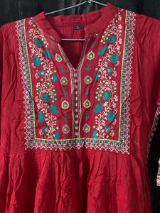 Red Floral Embroidered Tunic Top