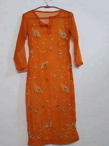 Chiffon Embroidered Orange Long Kurti