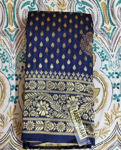 unused Elegant Navy Blue Banarasi Saree