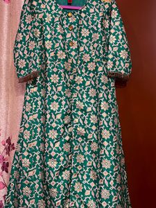 Green Floral golden Print Stylish Dress