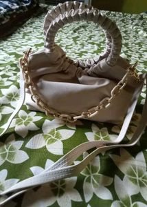 Beige Ruched Handle Chain Bag