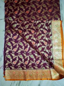 Wine &amp; Orange Banarasi Saree
