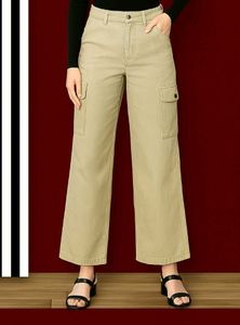 Khaki Wide Leg Cargo Pants