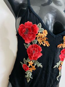 Black Embroidered Bodysuit
