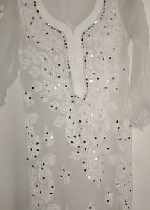 White Mirror Work Kurta With Free Inner Wear