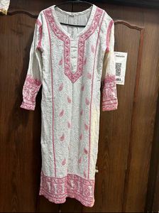 White &amp; Pink Chikenkari Cutdana Work Kurta