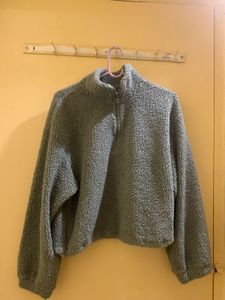 H&M Fuzzy Gray Cropped Jacket + blue cardigan