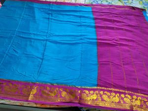 Blue And Pink Pure Crepe Silk Saree