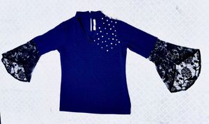 Navy Pearl Detail Lace Sleeve Top