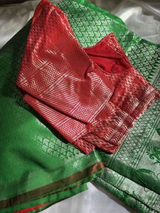 Parrot Green Saree With Stitched Blouse