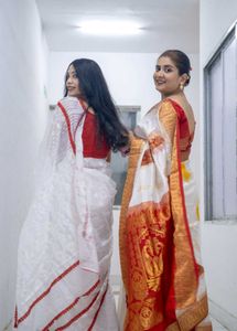 Elegant White &amp; Red Saree(Blouse unstiched)
