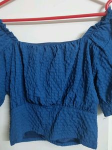 Blue Puff Sleeve Button-Up Top