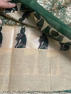 Tussar Silk Green Horse Print Saree