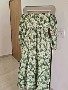 ZARA Floral Green Off Shoulder Maxi Dress pockets