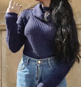 Blue Knit Turtleneck Sweater