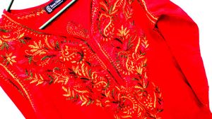 Handwork Chikenkari Red Embroidered Kurta