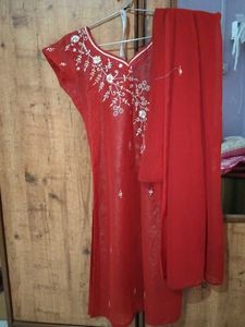 Red Embroidered Kurta with Dupatta