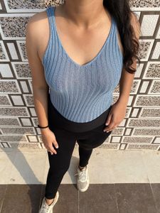 Blue Ribbed Knit Tank Top