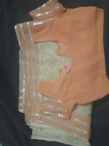 Off White And Peach Border Saree With Silver Lace