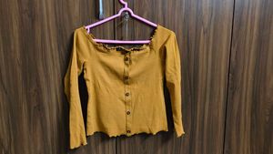 Off Shoulder, Mustard Ribbed Top